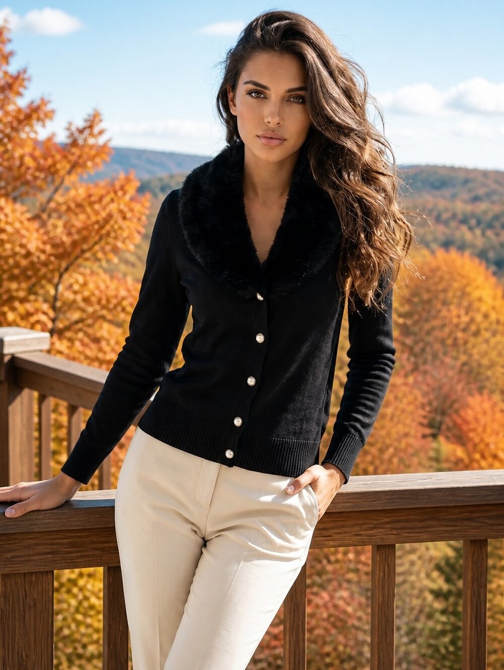NWT Vintage NYgard Collection Black Cardigan Small Genuine Rabbit Fur Collar